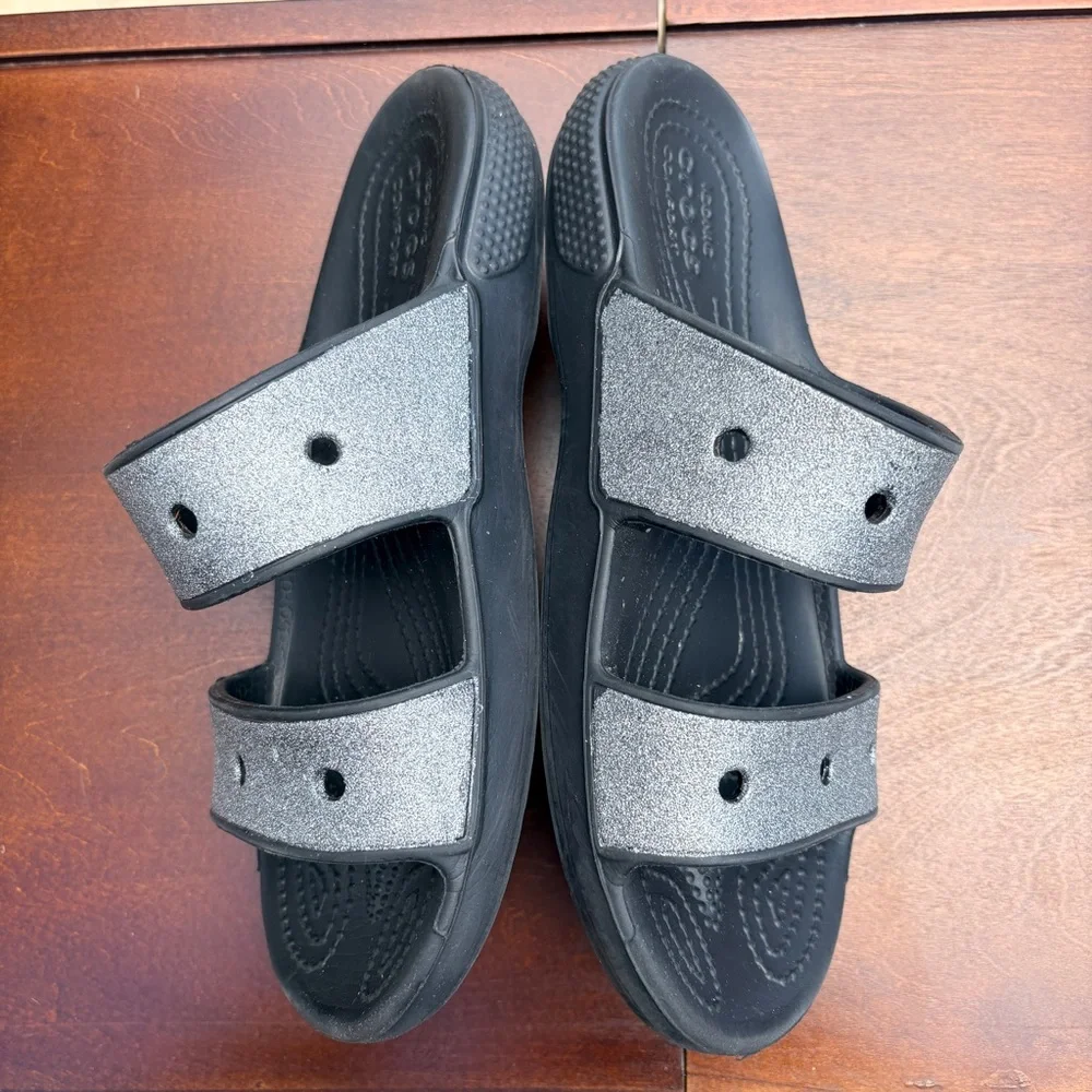 CROCS Glitter Double-Strap Slide Sandals in Metallic Silver and Black size 6